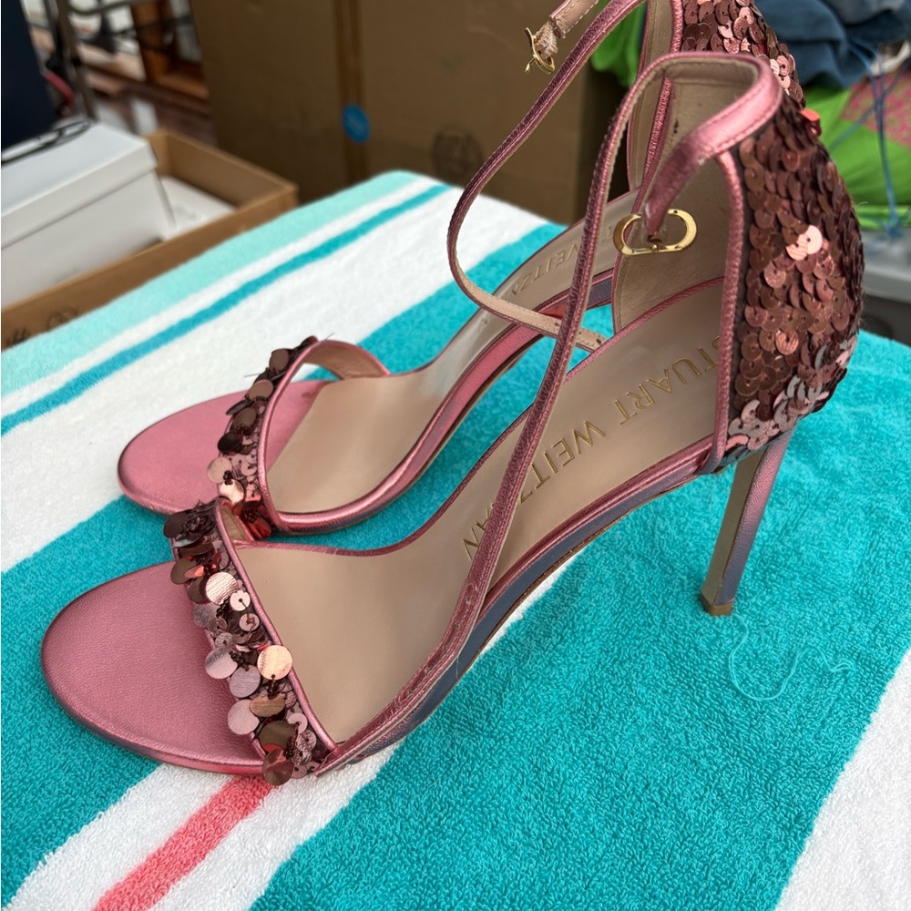 Stuart Weitzman Pink Sequin Strappy Heels